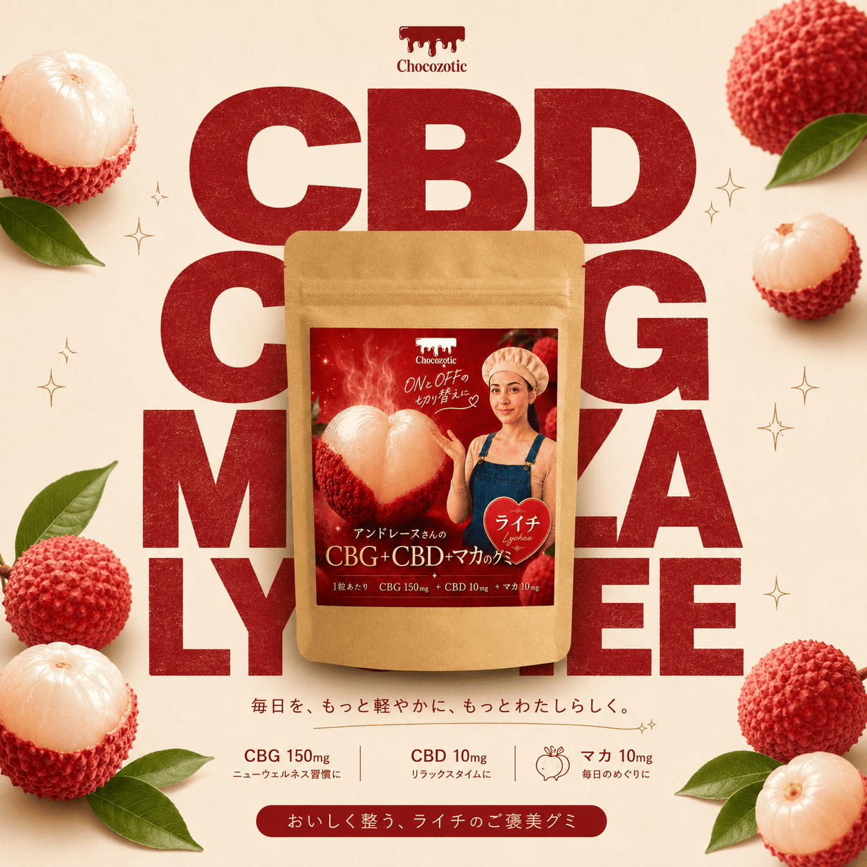 CBG グミ CBD 1粒 CBG150mg CBD10mg マカ 総合計 CBG 1,050mg CBD70mg マカ70mg ライチ味 法改正対応製品 7粒or30粒 最終製品のCOA取得済み 国内製造 THC フリー